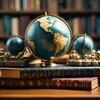 image of globes stacked on top of classic books