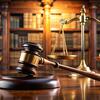 image of a gavel and the scales of justice laying on a table with a library in the background